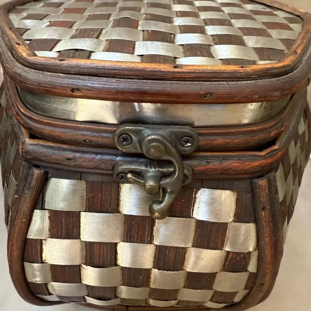 Vintage Bamboo Metal Inlay Decorative Storage Box – Handcrafted Hexagon Trinket